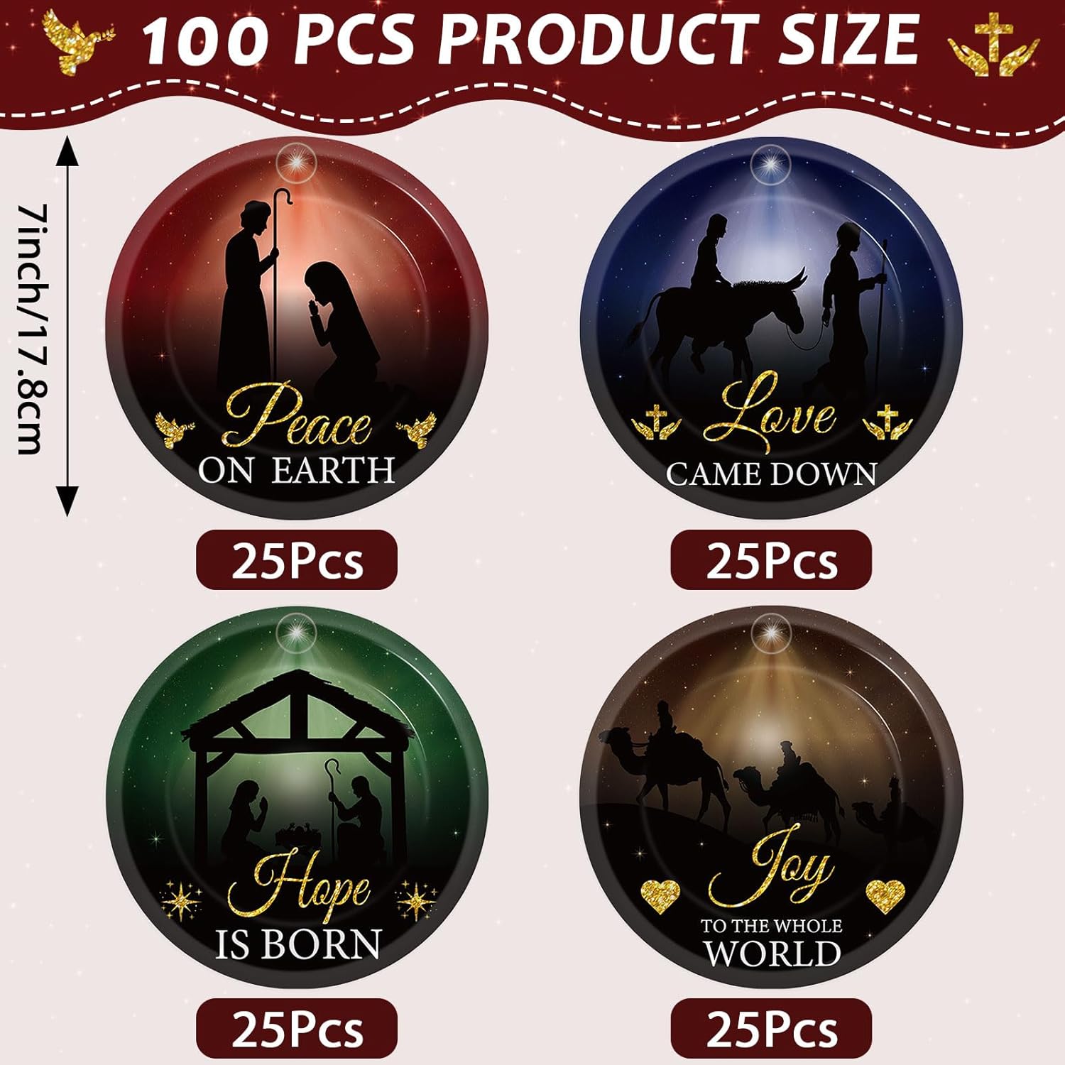 100 Pcs Christmas Nativity Paper Plates 7 Inch Jesus Holy Night Disposable Plate Bible Tableware Set Xmas Religious Dinnerware Nativity Party Supplies For Christmas Baptism Winter Holiday Party Decors