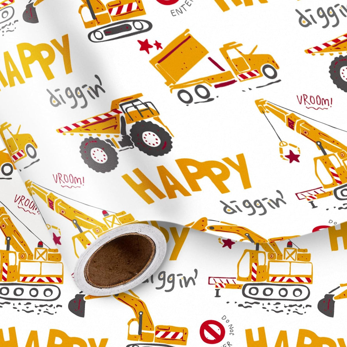 Kids Wrapping Paper Roll – Construction Truck & Excavator Theme With Happy Diggin’ Design – Mini Roll 17 In X 16.4 Ft Gift Wrap For Boys Birthday, Party, Baby Shower