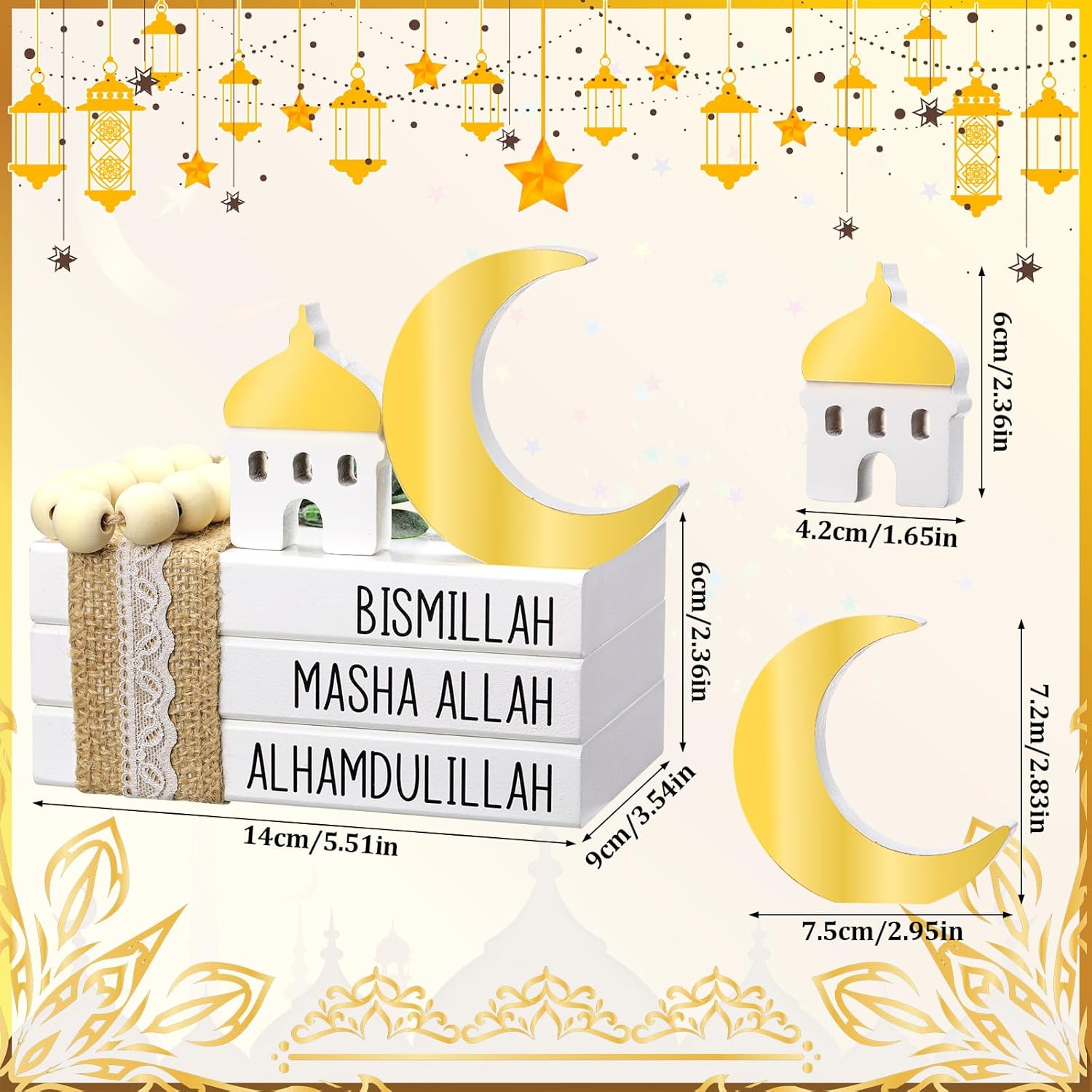 Islamic Wooden Tiered Tray Decor White Book Stack Golden Moon And Beads Start With Bismillah End With Alhamdulillah For Farmhouse Eid Muslim Ramadan Home Tabletop Art Decor(Bismillah)