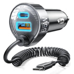 65W USB-C Car Charger, Fast PD & QC3.0 for iPhone 15, iPad, Samsung, Android