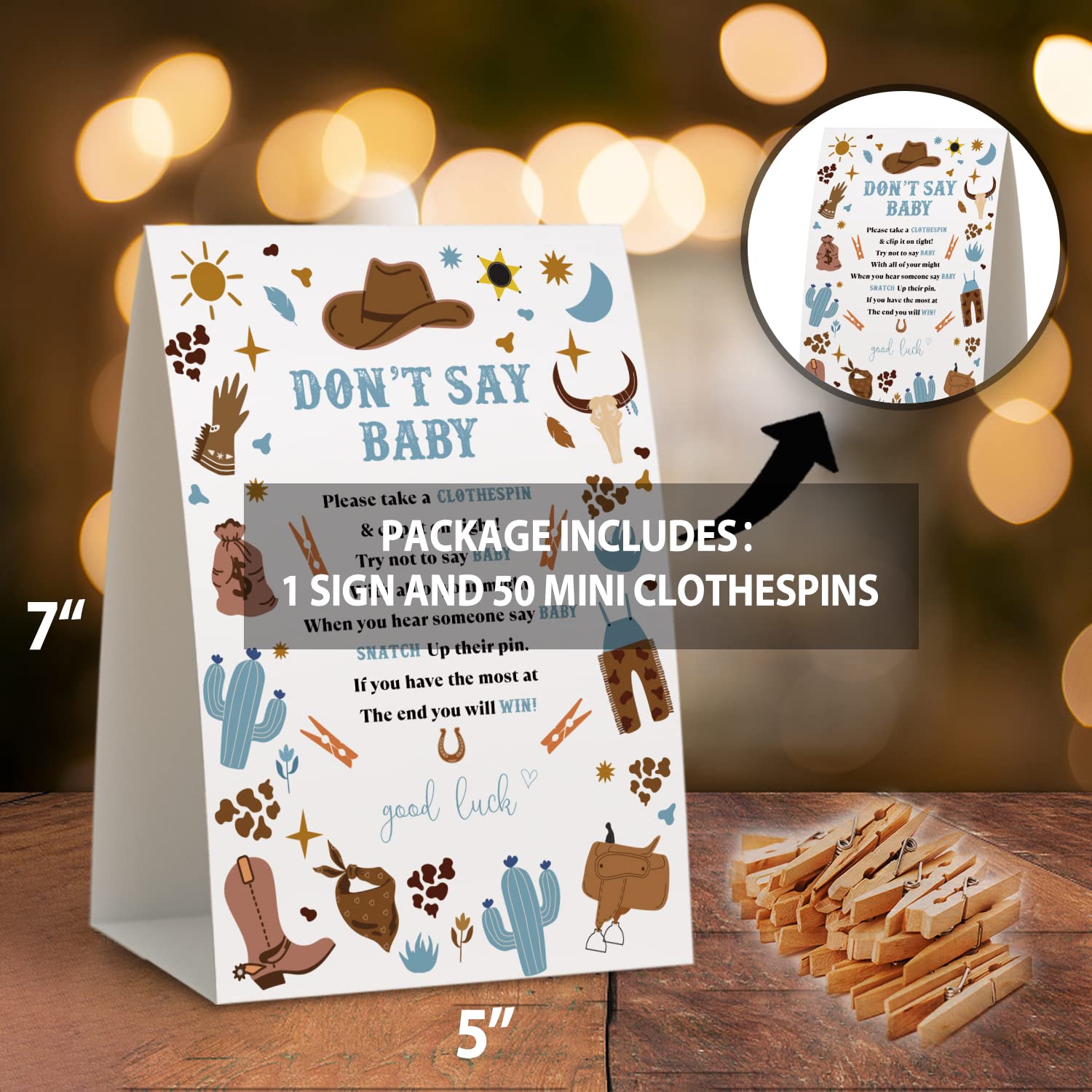 Don'T Say Baby Clothespin Games,Cowboy Baby Shower Game (Pack Of 1 Sign And 50 Mini Clothespins),Baby Shower Decorations,Baby Shower Game Gender Neutral,Party Favors Supplies - 23