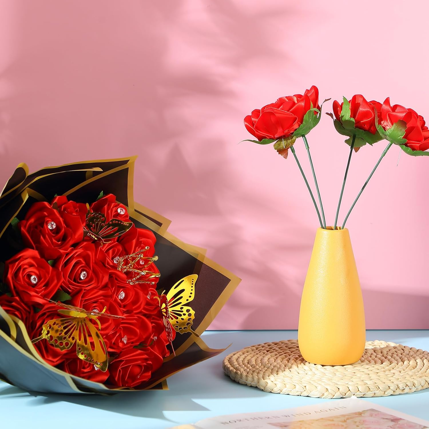 25 Sets Ribbon Rose Bouquet Diy Fake Roses With Stems Faux Flowers Bouquet Kit Wrapping Paper Crown 3D Butterflies For Christmas Anniversary Birthday Wedding Gift(Red)