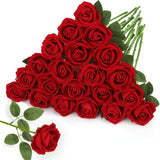 20 Pcs Artificial Red Roses Flowers, Valentines Decorations Lifelike Silk Velvet Fake Roses With Stems For Wedding Engagement Party Diy Bouquets Arrangements Romantic Home Decor Gifts