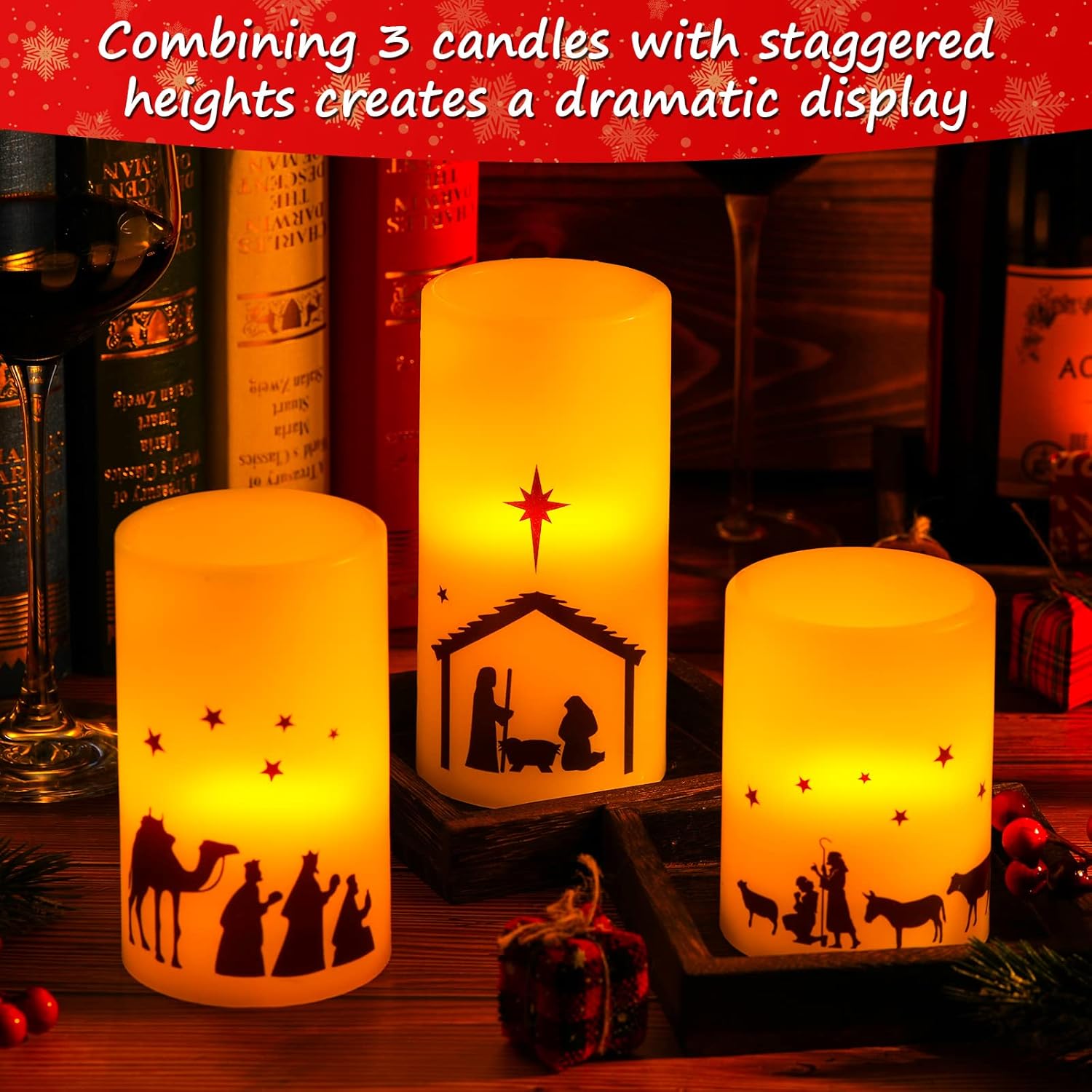3 Pcs Nativity Scene Candles Flameless Christmas Led Candles Battery Operated Warm Light For Advent Indoor Outdoor Home Table Decorations Christmas Holiday Decor