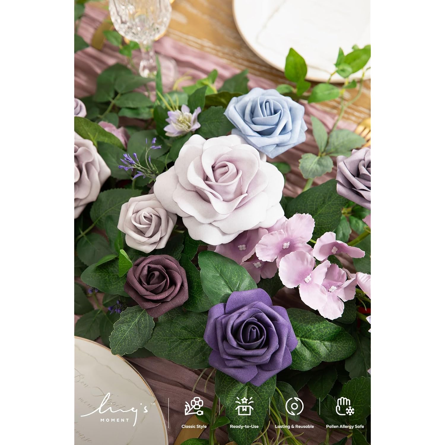 Flower Garland - 6Ft Eucalyptus & Rose - Sweetheart Table Decor For Wedding Reception, Artificial Floral Garland For Arch Mantle, Christmas, Backdrop Decoration, Purple