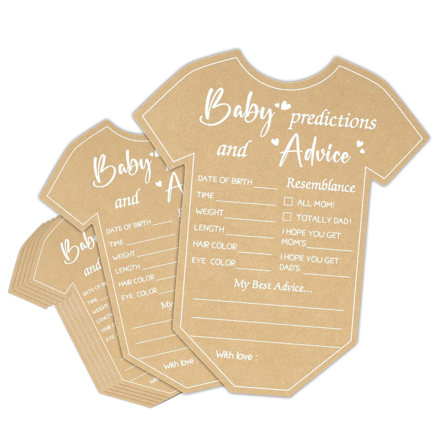 50Pcs Baby Advice Cards, Onesie Baby Shower Predictions And Advice Cards For Parents To Be, Wishes Card For New Parents, Gender Reveal Girls Boys Game Party Decorations(5.2X6In, Kraft, White)