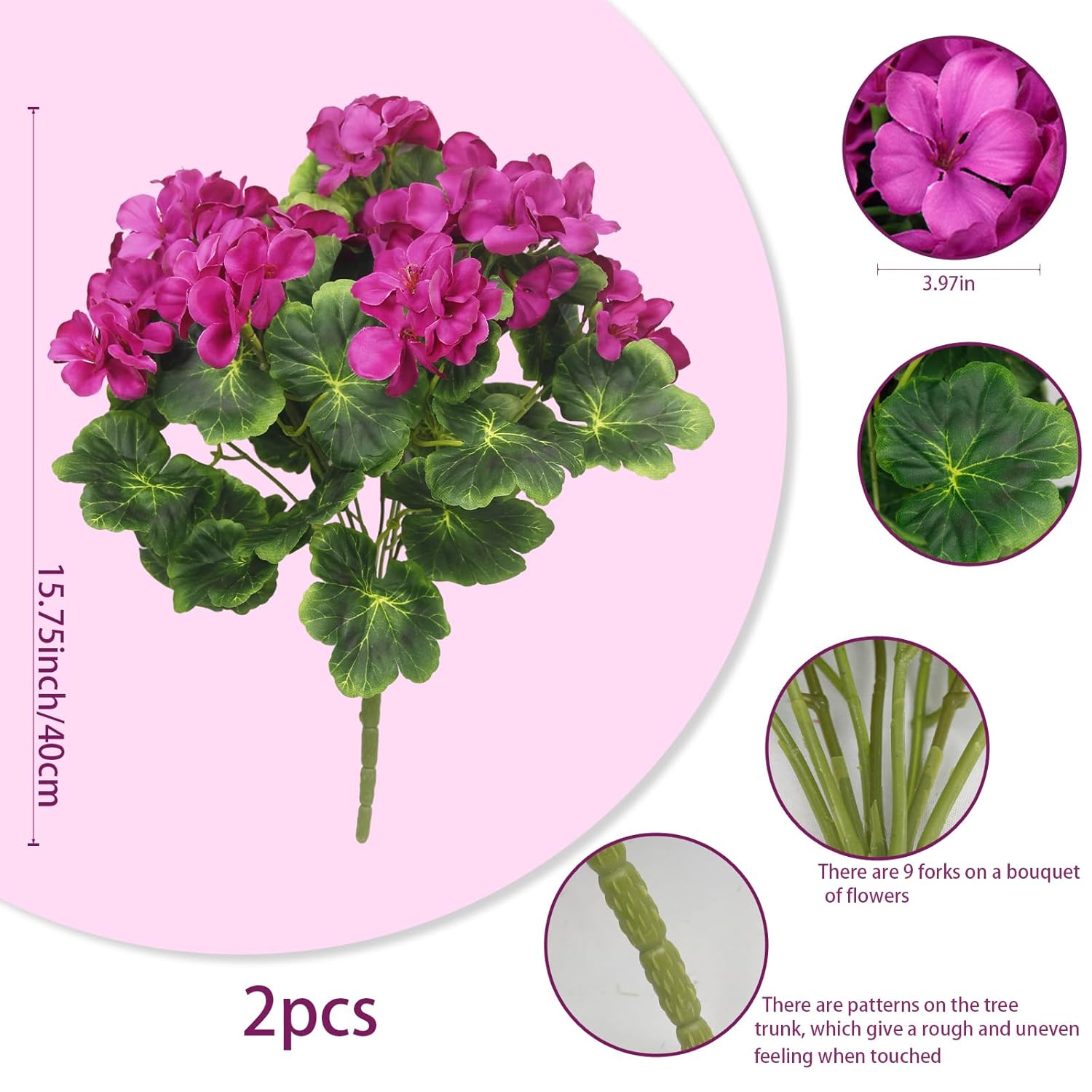 2 Pcs Artificial Geraniums For Outdoors Silk Geranium Flowers Fuchsia Artificial Geranium Bush Faux Flowers For Planter Outside Garden Patio Grave Cemetary Vase Table Centerpiece Indoor Decor