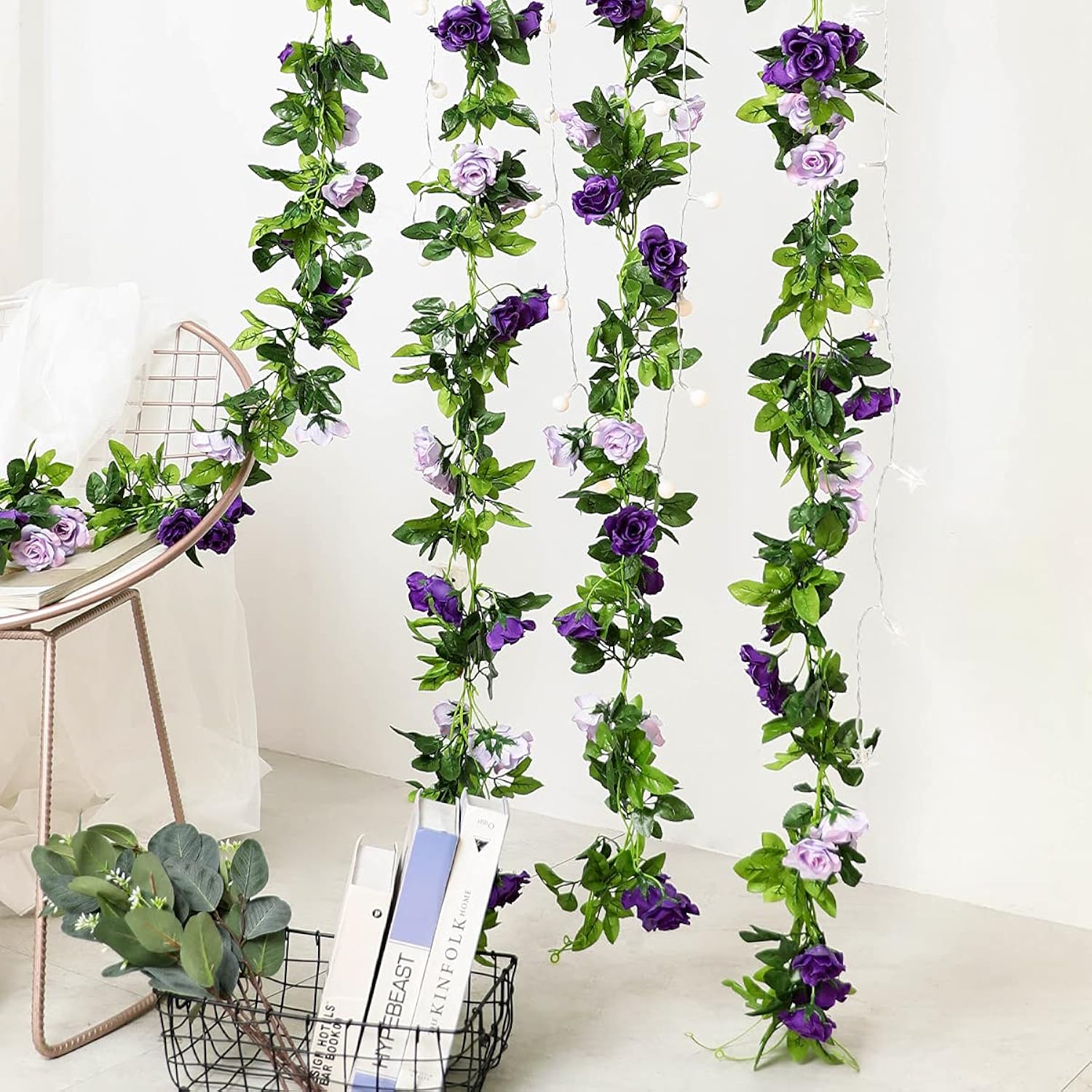 3Pcs 23.7Ft Artificial Purple Rose Flower Garland, Silk Hanging Floral Garland, Decorative Flower Vines For Room Decor Wedding Arch Flowers For Ceremony (Purple)