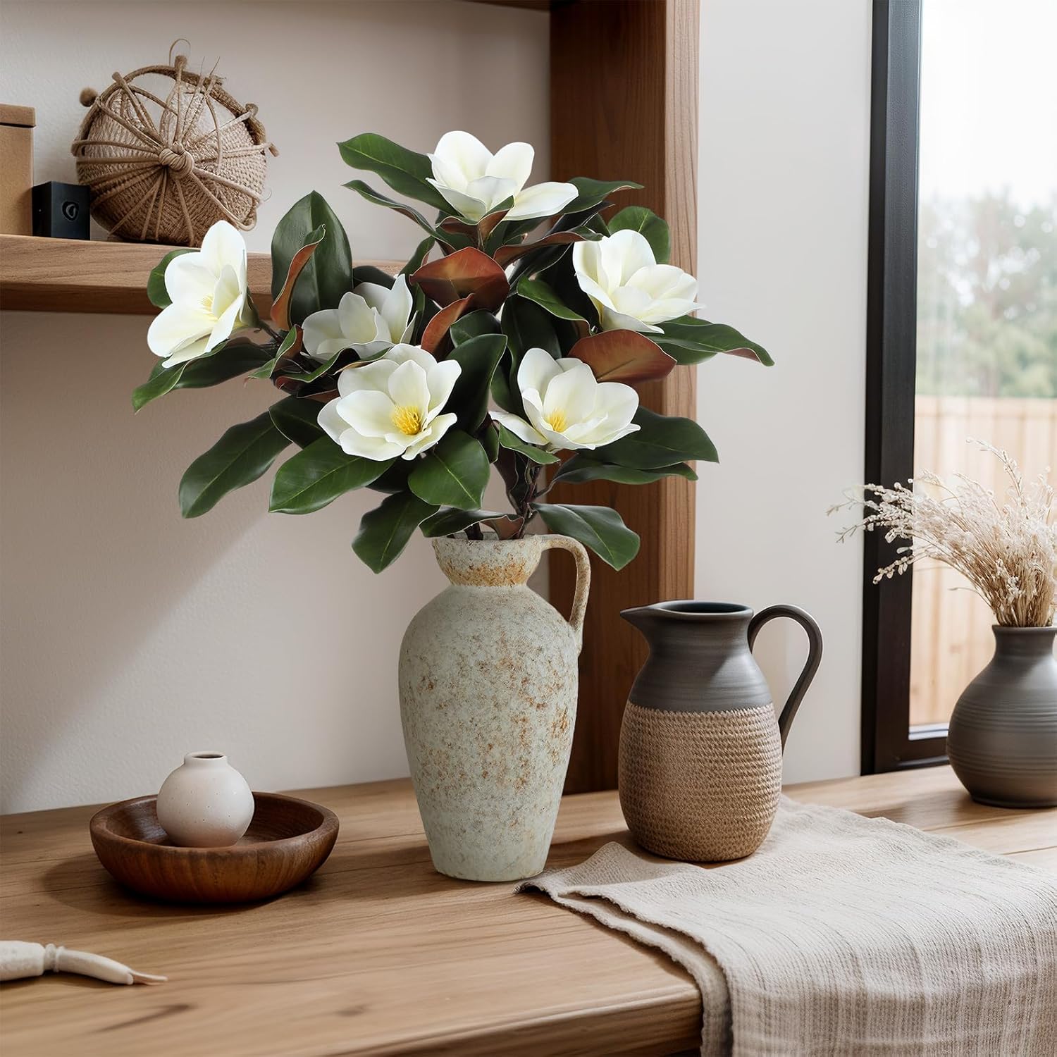 3 Pcs Artificial Magnolia Branches 25.6 Inches White Magnolia Leaves Stem Flowers Faux Greenery For Indoor Outdoor Home Bathroom Table Vase Farmhouse Wedding Decor