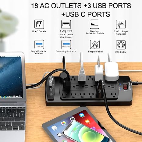 18 Outlet Surge Protector Power Strip 6FT Flat Plug Extension Cord 2100J 4 USB Ports Black