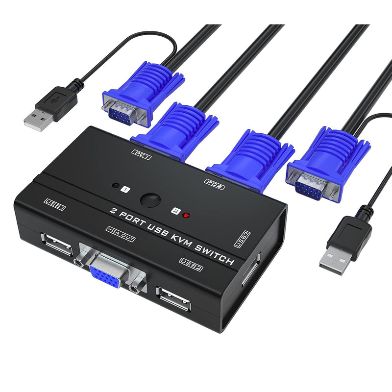 Vga Kvm Switch, 2 Port Usb Vga Kvm Switch W/2 Kvm Cables & 3 Usb Hubs For 2 Co