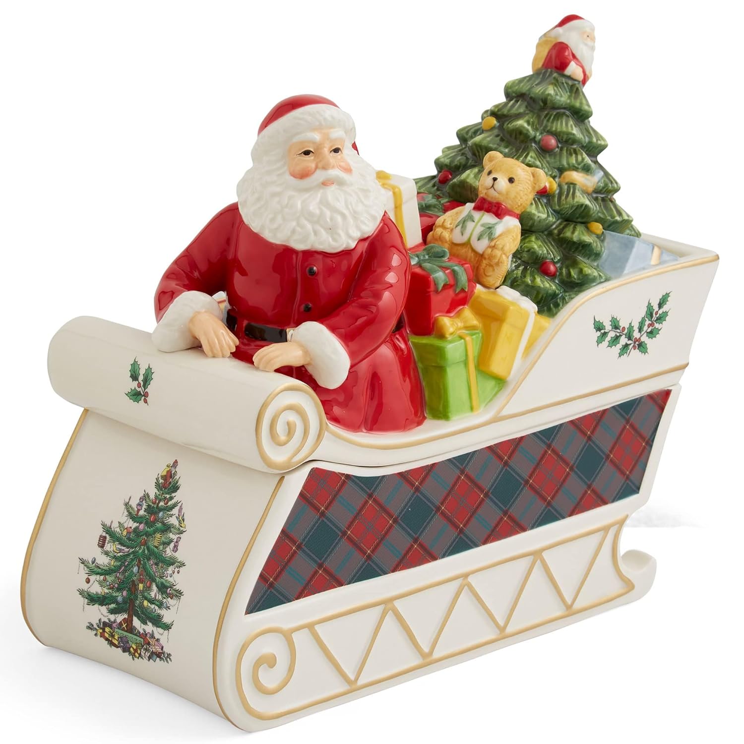 Christmas Tree Santa In Sleigh Cookie Jar - 13.25" Dolomite Holiday Candy Container With Lid - Festive Kitchen Counter Decor, Seasonal Treat Jar, Gift