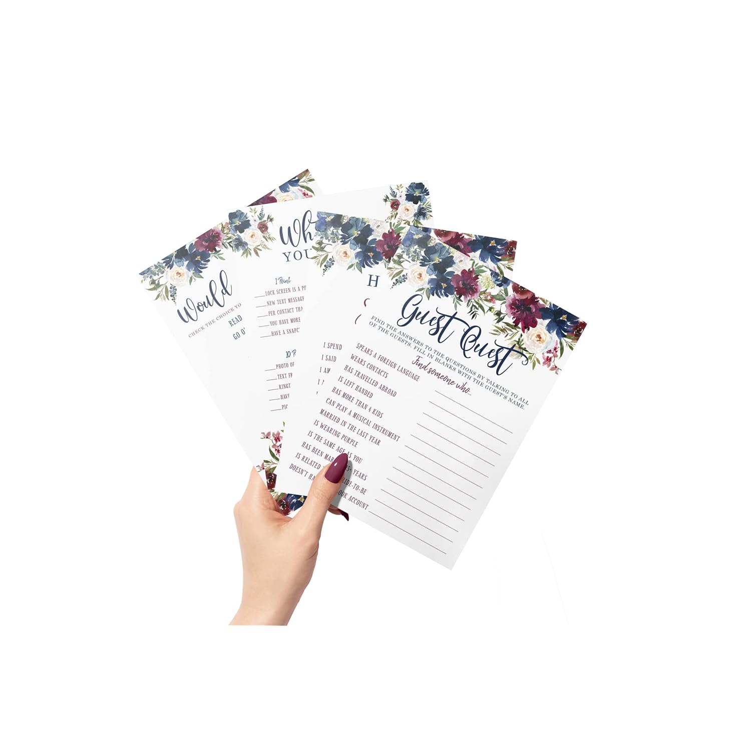Navy And Burgundy Floral Bridal Shower Bachelorette Games - He Said She Said, Find The Guest Quest, Would She Rather, What'S In Your Phone - 25 - Printed Front And Back