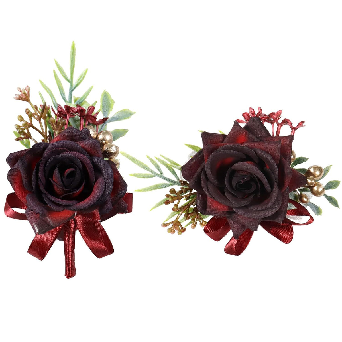 Corsage And Boutonniere Set Artificial Rose And Handmade Silk Bride Bridesmaids Wrist Corsage And Men Boutonniere For Wedding Prom Party Suit Decoration, Red