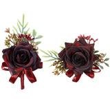 Corsage And Boutonniere Set Artificial Rose And Handmade Silk Bride Bridesmaids Wrist Corsage And Men Boutonniere For Wedding Prom Party Suit Decoration, Red