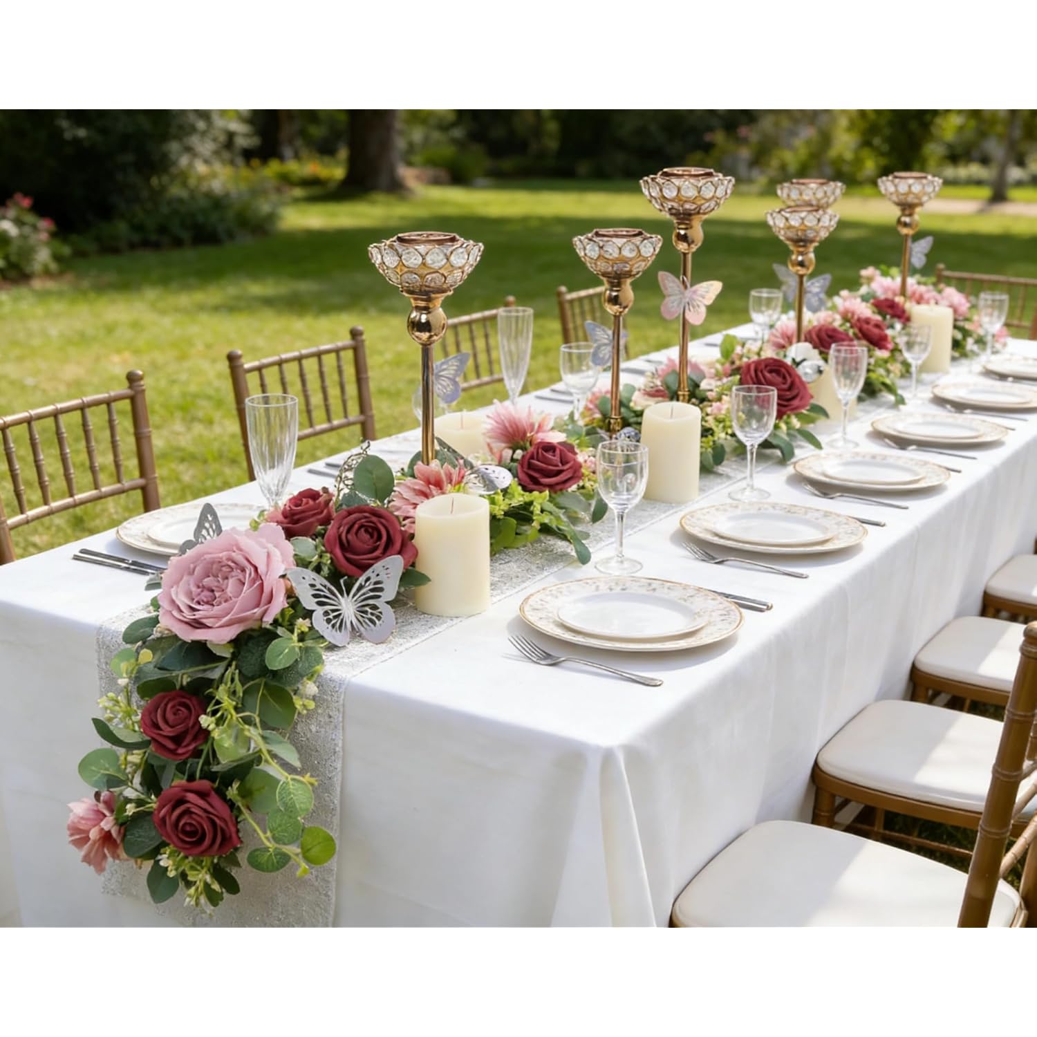 2Pcs 6Ft Artificial Flower Garland With 6 Decorative Plastic Butterflies, Fake Rose Flower Greenery Garland Floral Vines For Wedding Home Party Table Runner Wall Backdrop Decor (Red-2Pcs)