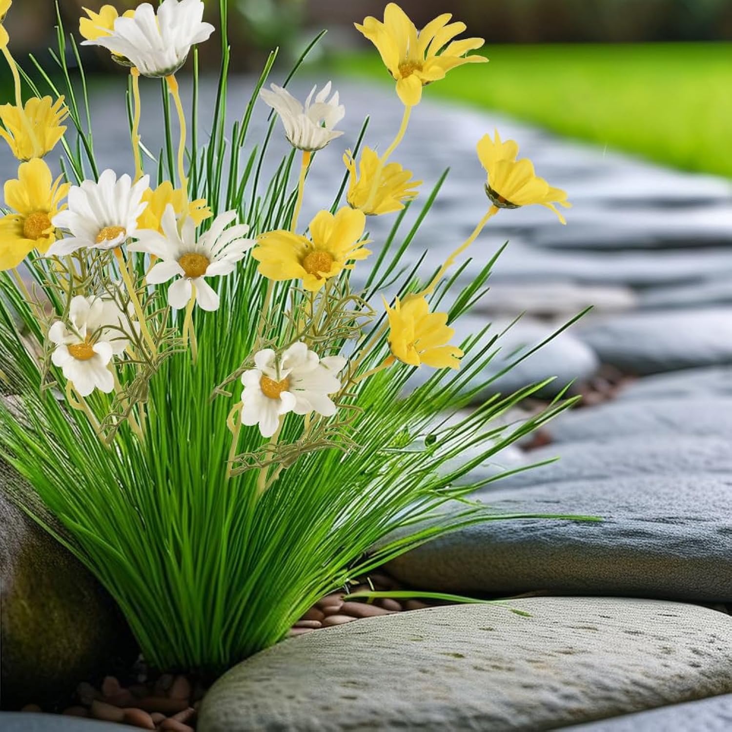 6Pcs Artificial Daisy Flowers 21” Fake Daisy Flowers With Leaves Stems For Home Decor, Yellow