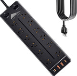 Heavy Duty 12-Outlet Commercial Power Strip with USB Fast Charging and 6.5FT Cord