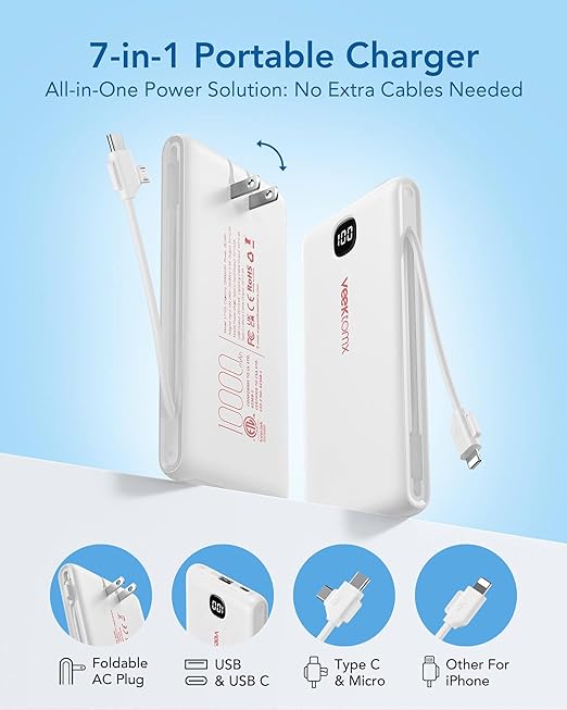 10000mAh Portable Power Bank with Built In Cables and AC Wall Plug Fast Charging Travel Charger