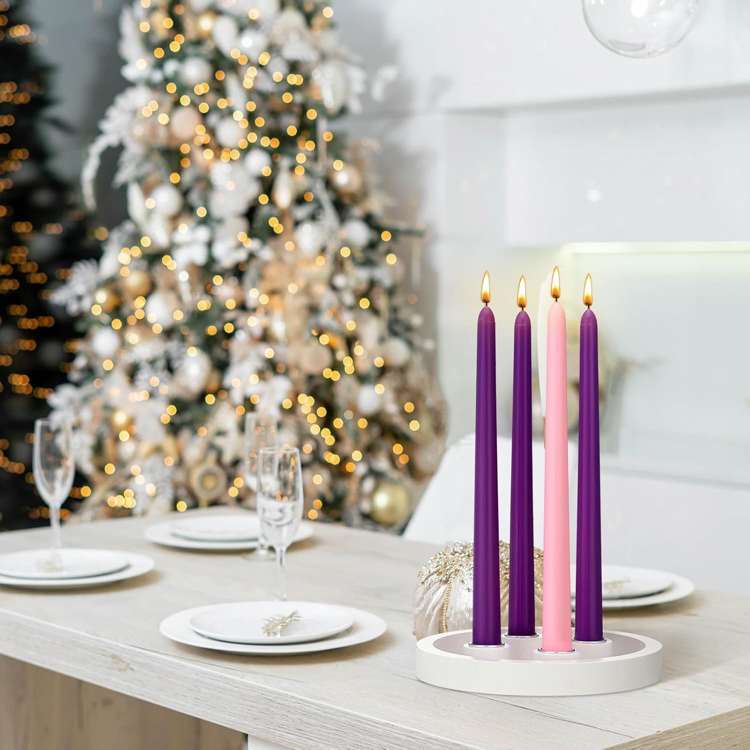 7 Inch Christmas Advent Candle Holder With 12 Taper Candles Candlestick Advent Wreath Candleholder Tray For 4 Candles Christmas Table Centerpiece Party Decorations(White,Classic)