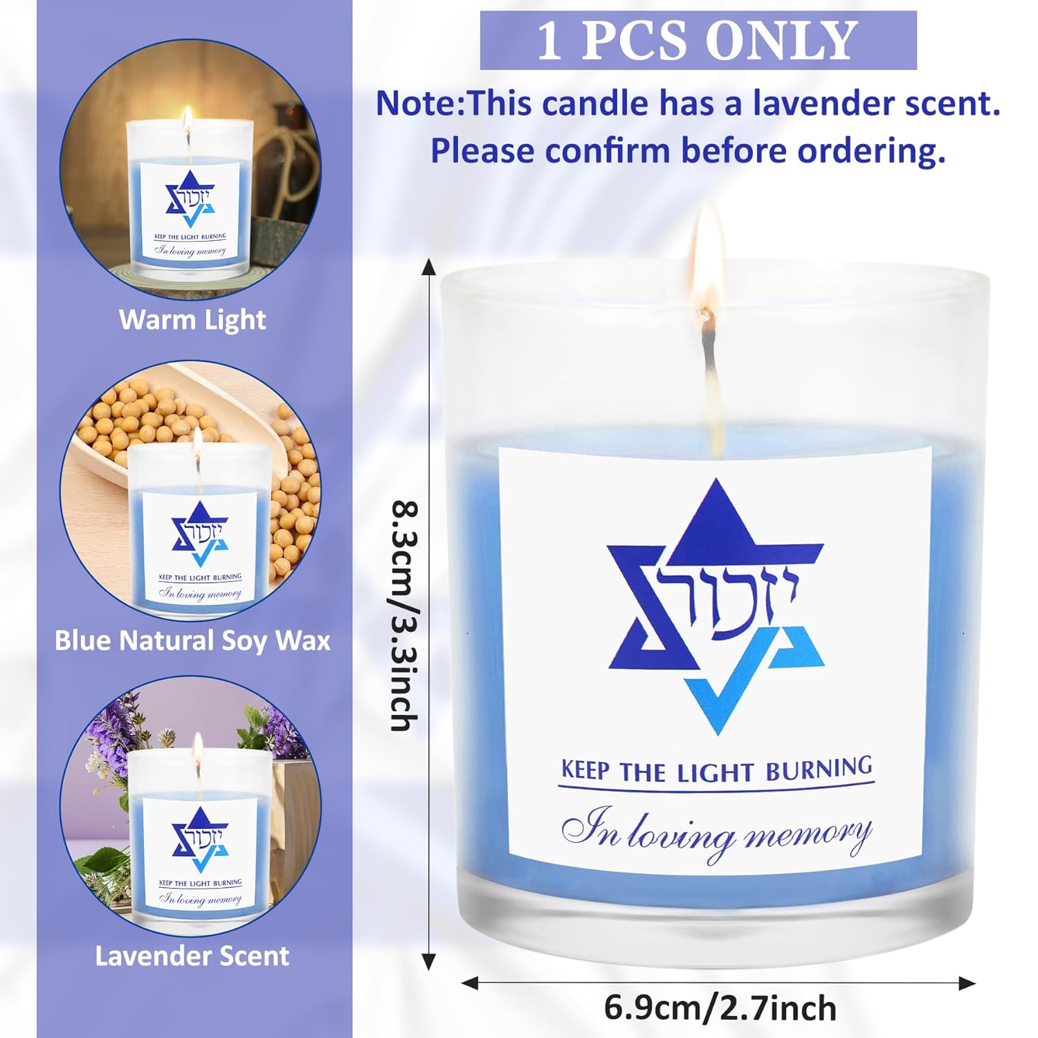 Yahrzeit Candles - Yahrzeit Memorial Candles, Jewish Sympathy 24 Hour Prayer Mourning Memory For Deceased, Jewish Remembrance Gift For Loss Of A Loved One, Yahrtzeit Funeral Decoration Blue Soy Wax