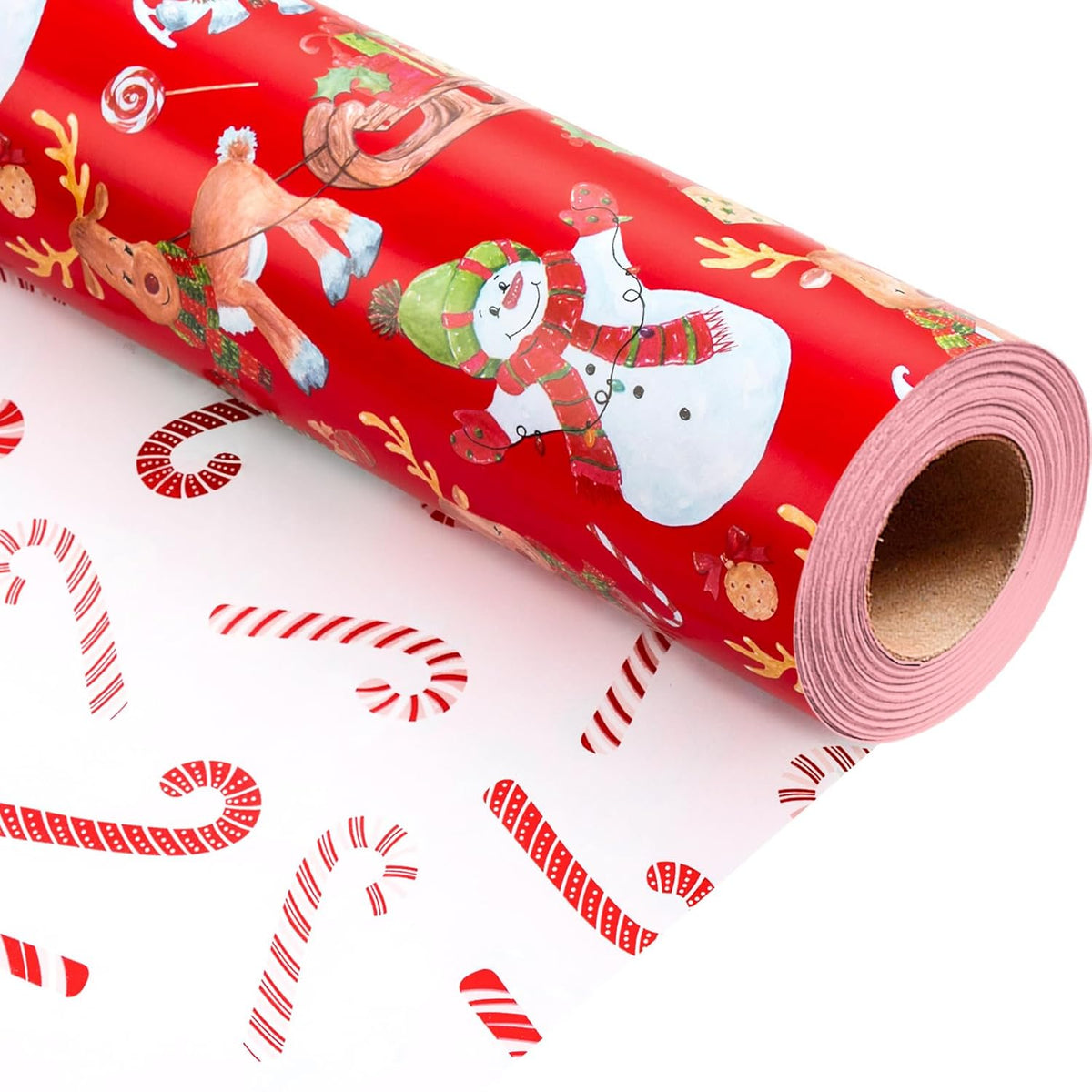 Red Christmas Wrapping Paper Roll - Mini Roll - Reversible Gift Wrap With Reindeer, Snowmen, Candy Cane And Christmas Trees - Perfect For Winter- 17 Inch X 33 Feet