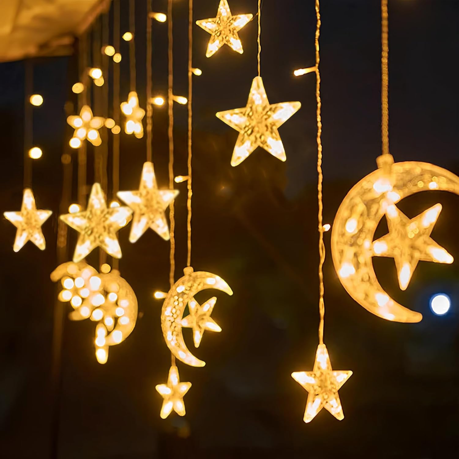 Moon And Star Led Curtain Lights, 8.2Ft Christmas Decorations Indoor String Lights, Twinkle Fairy Light For Bedroom,Rama
