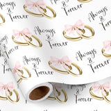 Wedding Wrapping Paper Roll, Mini Roll, Pink Bows And Golden Rings With Always & Forever Text Design, Elegant Gift Wrap For Wedding, Anniversary, Bridal Shower, 17 Inches X 16.4 Feet