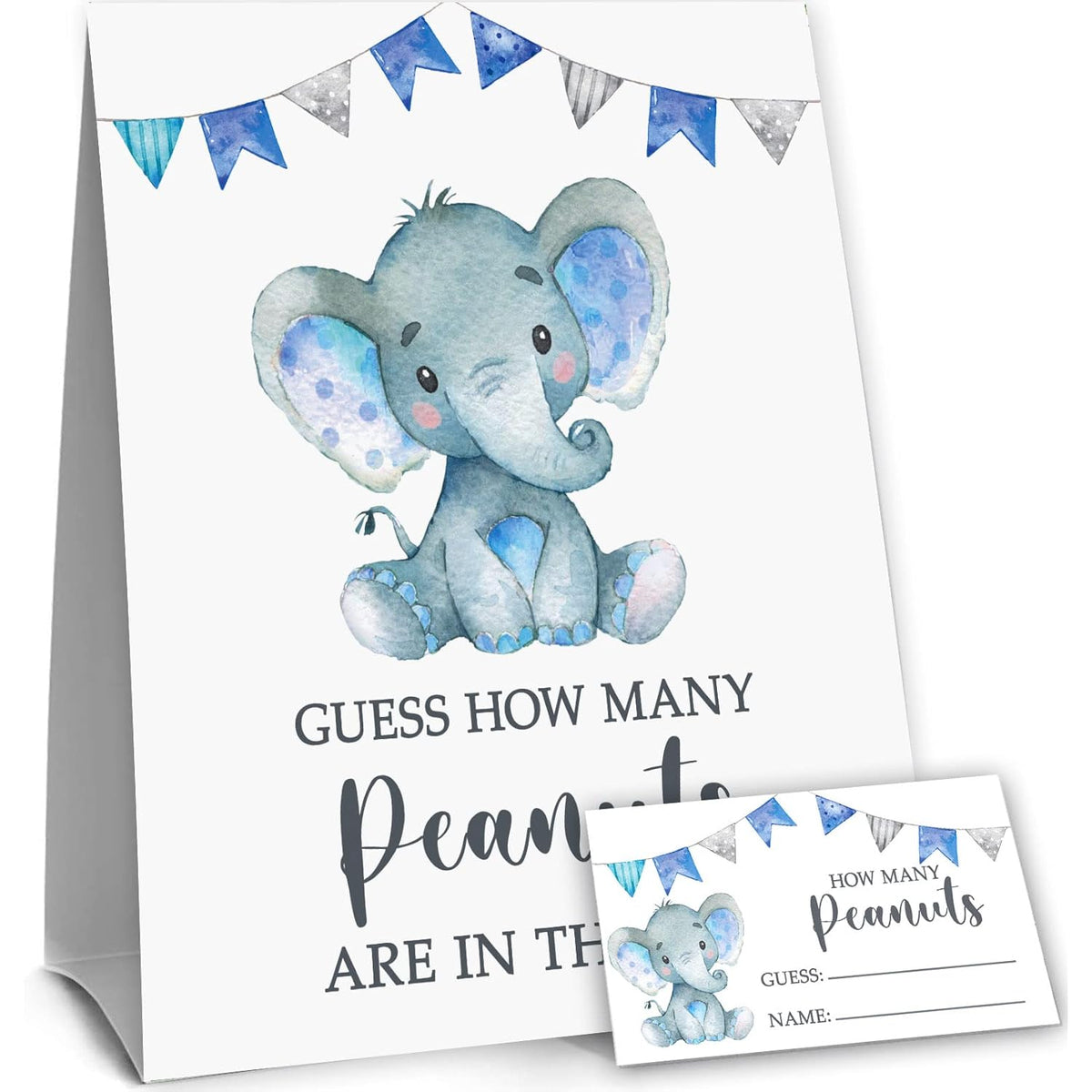 Blue Elephant Guess How Many Peanuts, Elephant Baby Shower Game, 50 Cards And Matching Standing Sign, Boy Elephant Baby Shower Decorations