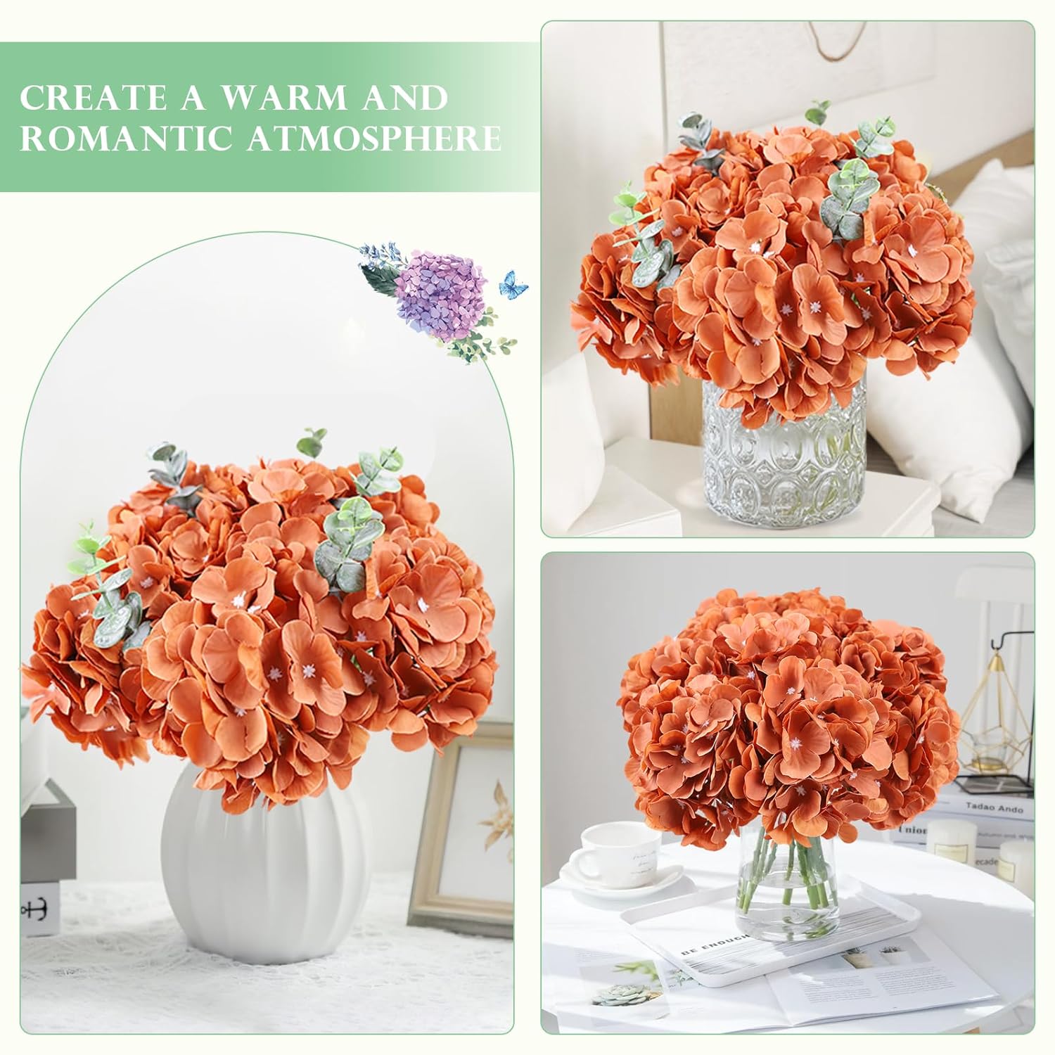 Burnt Orange Artificial Flowers Fake Hydrangeas Flowers Heads 10Pcs Full Hydrangea Silk Flowers With Stems For Fall Wedding Home Party Shop Baby Shower Decoration