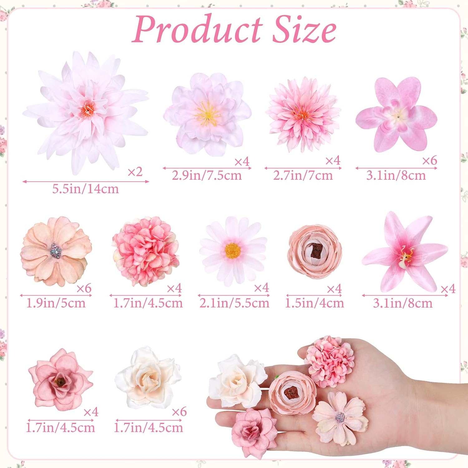 Artificial Flowers Heads 48Pcs Mini Silk Fake Flowers Heads Mix Daisy Dahlia Roses Pink Bulk Faux Rose For Craft Garland Graduation Wedding Bridal Party Centerpieces Home Decorations