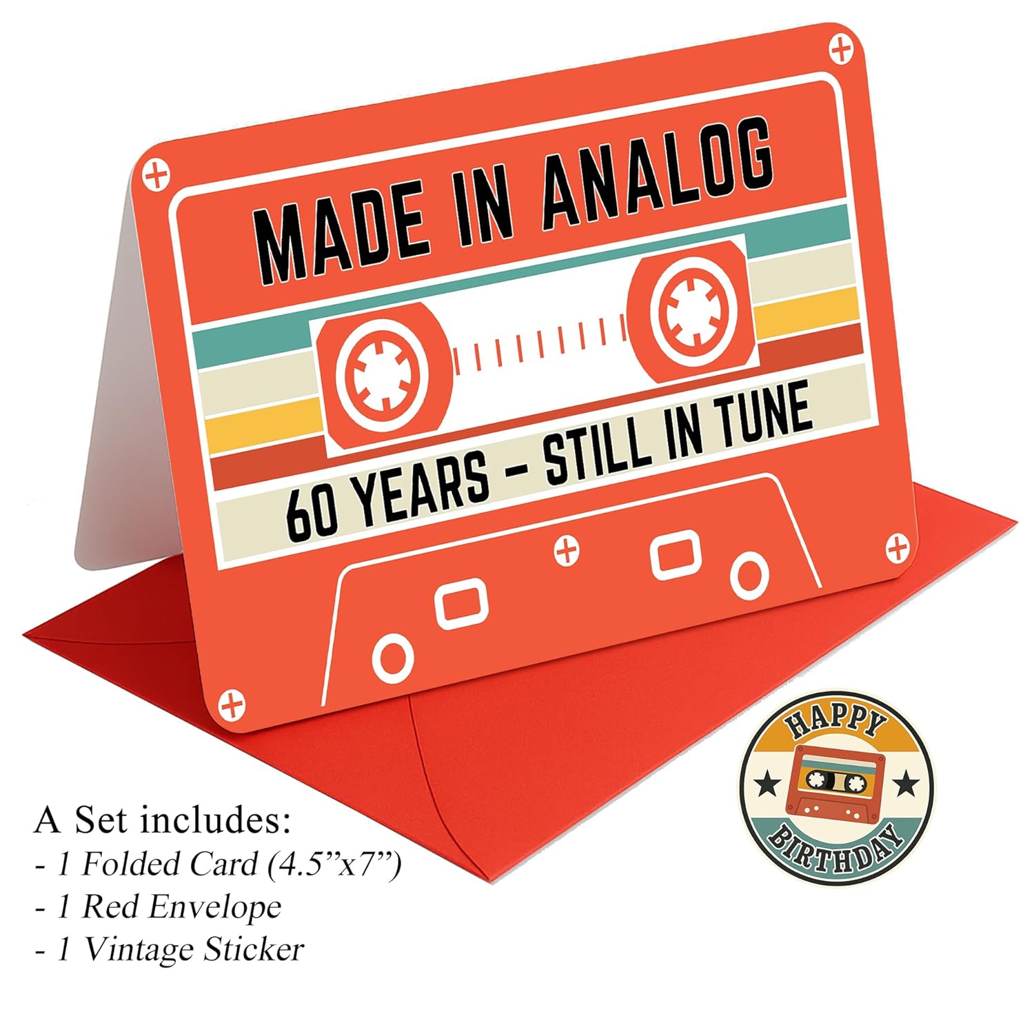 60Th Birthday Gift – Retro Cassette Tape Design – Made In Analog, Still In Tune – 60 Year Old Greeting Card For Him Or Her – 4.5X7Inch With Red Envelope, Sticker