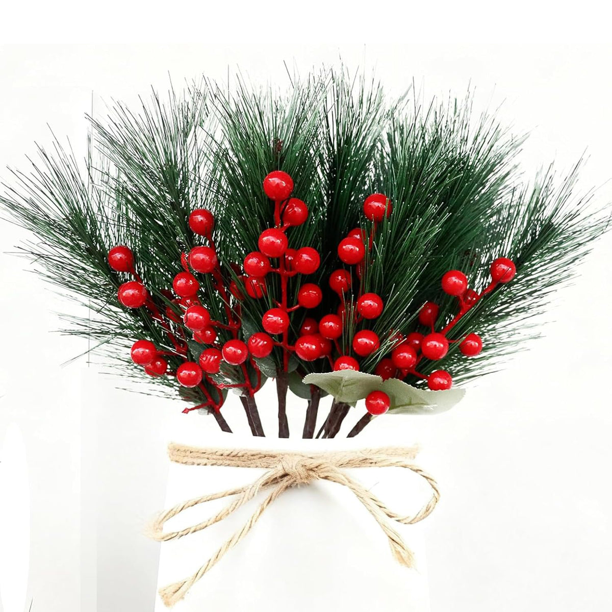 10 Pcs Christmas Berry Pine Picks, 12 Inch Artificial Red Berries Pine Branches Holly Pine Stems For Xmas Diy Craft Floral Holiday Decor