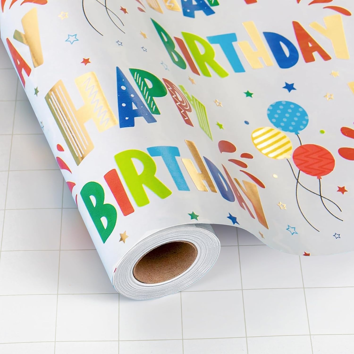 Birthday Wrapping Paper Roll For Boys Girls Kids Men Women - Colorful Gold Foil Balloon And Stars - Gift Wrap Paper For Birthday Party, 17 In X 32.8 Ft