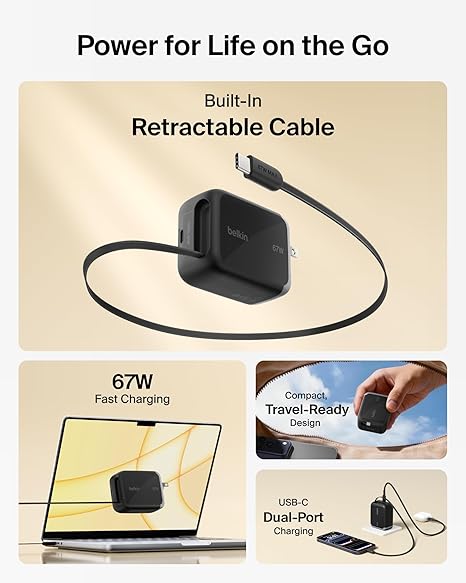 67W GaN USB C Retractable Charger with 3.3FT Cable Travel Fast Charging Block