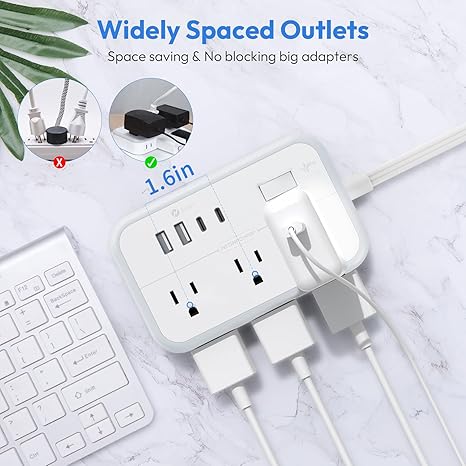 Surge Protector Power Strip 6 Outlets 4 USB Ports 5FT Flat Plug Extension Cord White
