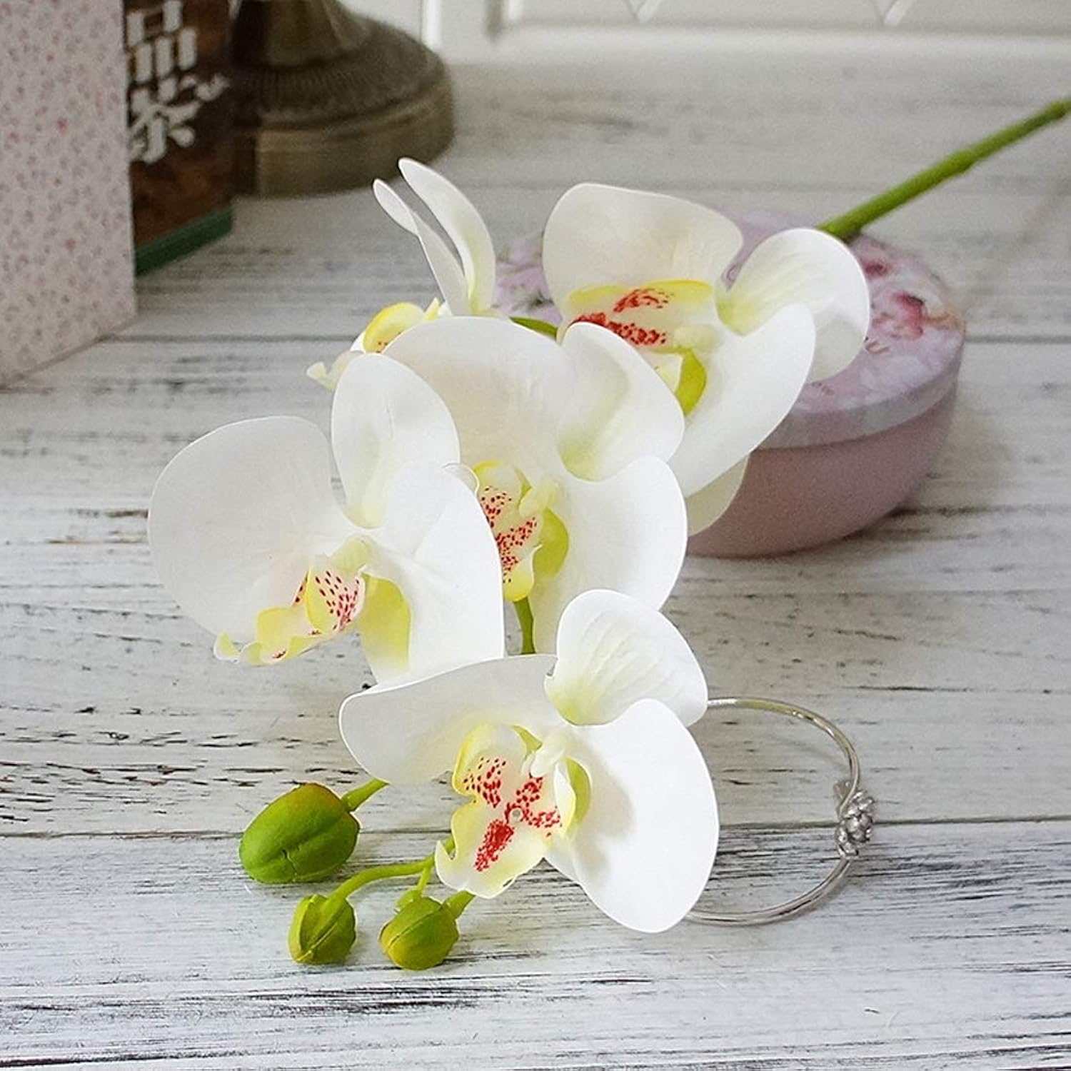 6 Pcs 3D Artificial Real Touch Latex Phalaenopsis Orchid Stem Bouquets Artificial Flowers For Wedding Party Home Garden Decoration (White&Yellow Heart)