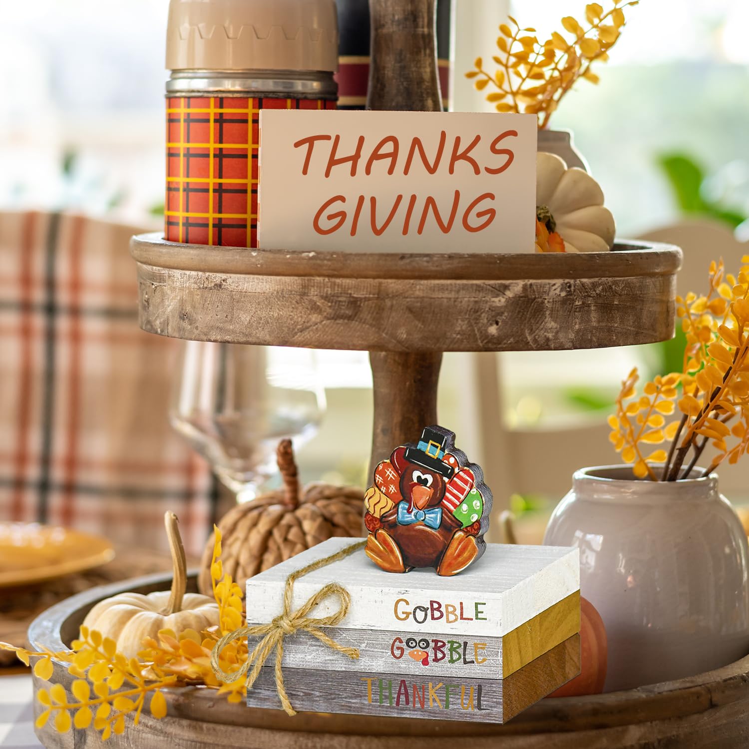 Smile Thanksgiving Wooden Decor Indoor, Turkey Decor Gobble Thankful Faux Books Bundle, Thanksgiving Table Tiered Tray Kitchen Decorations