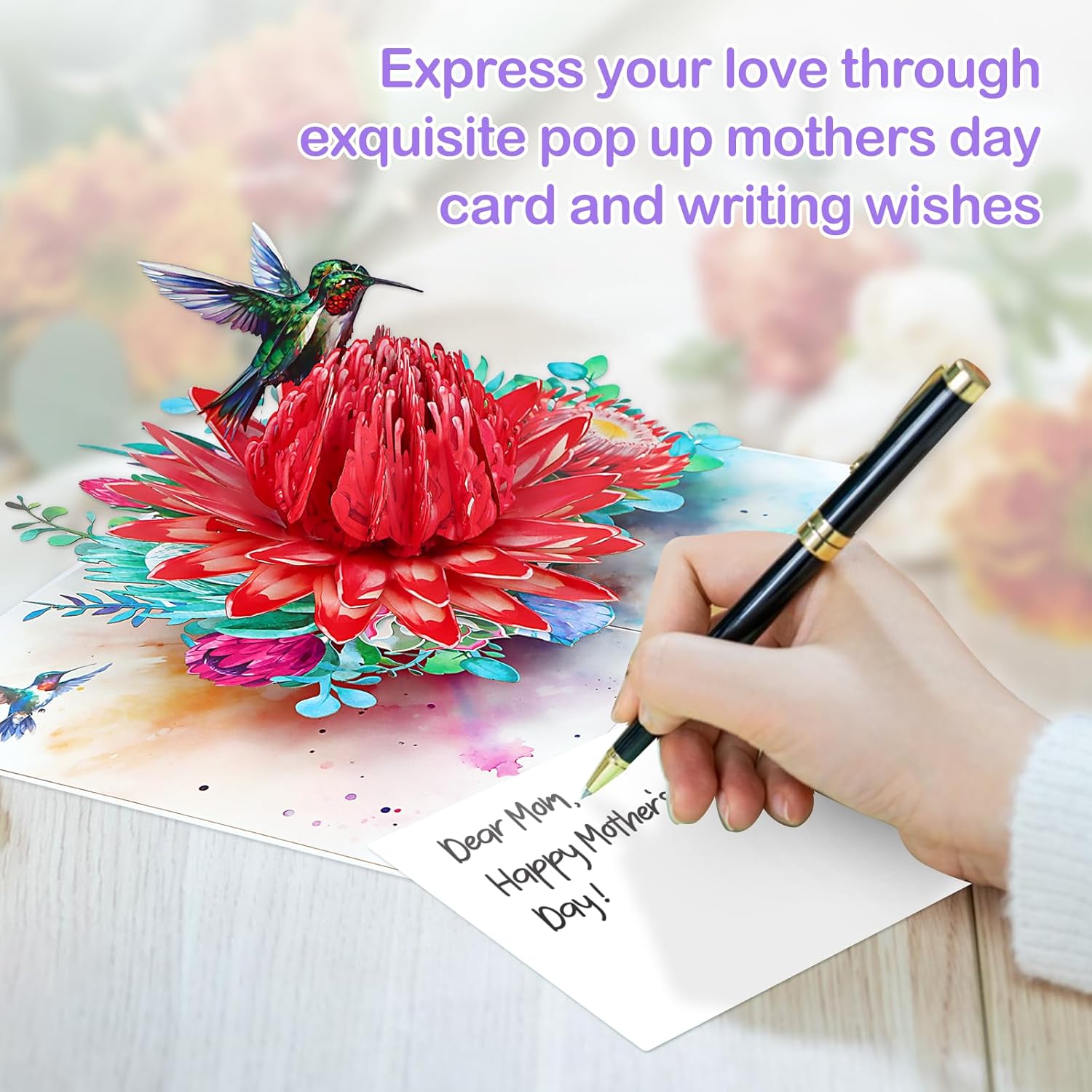 Pop Up Birthday Card - 3D Hummingbird King Portea Flower Greeting Card For Anniversary, Get Well, Thank You, Just Because, All Occasions, Gift For Wife Mom Grandma Daughter Sister Aunt