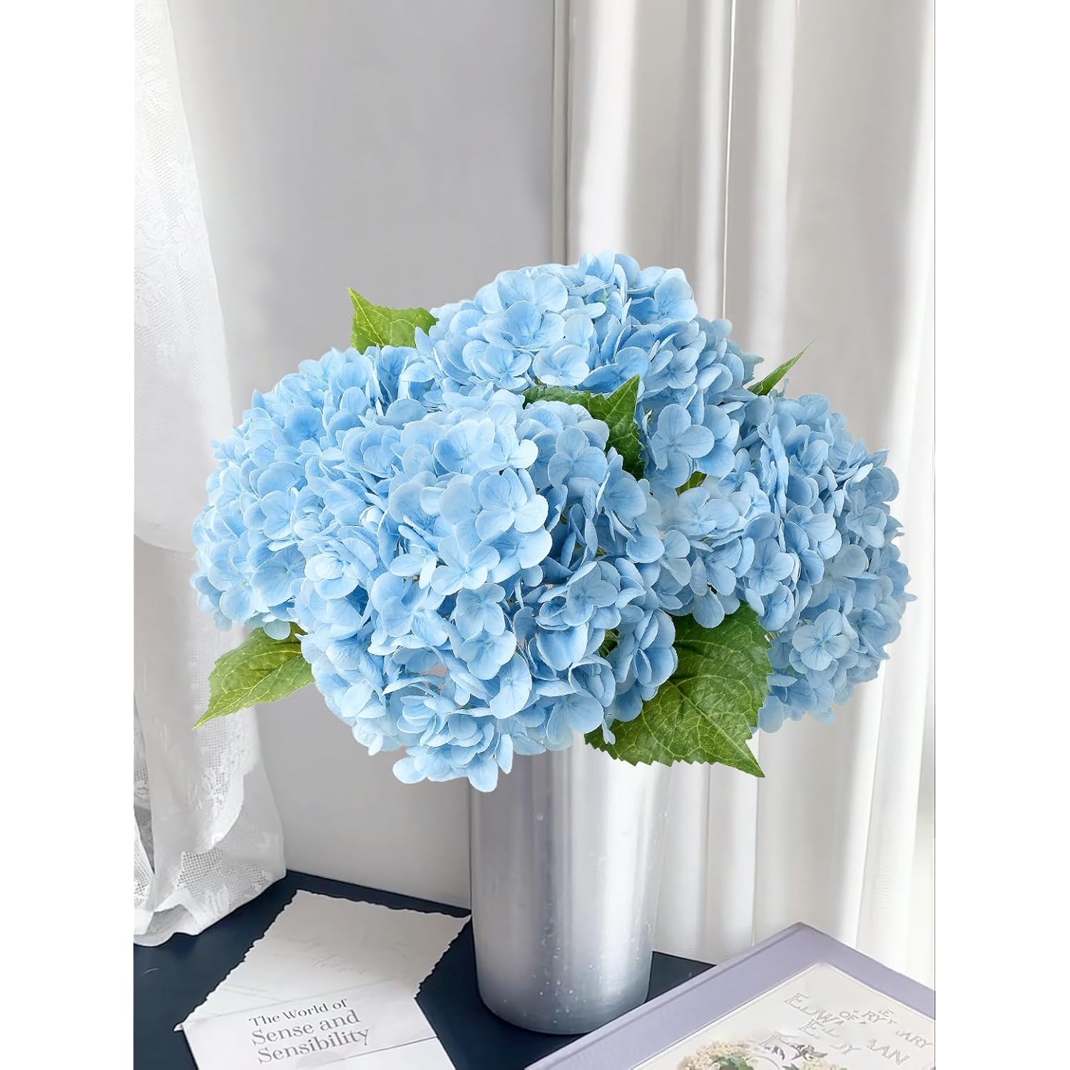 3 Pcs Light Blue Real Touch Hydrangeas Artificial Flowers 21'' Long Stem Faux Latex Hydrangea For Kitchen Porch Living Room Spring Home Decor Baby Shower Party Wedding Table Centerpiece