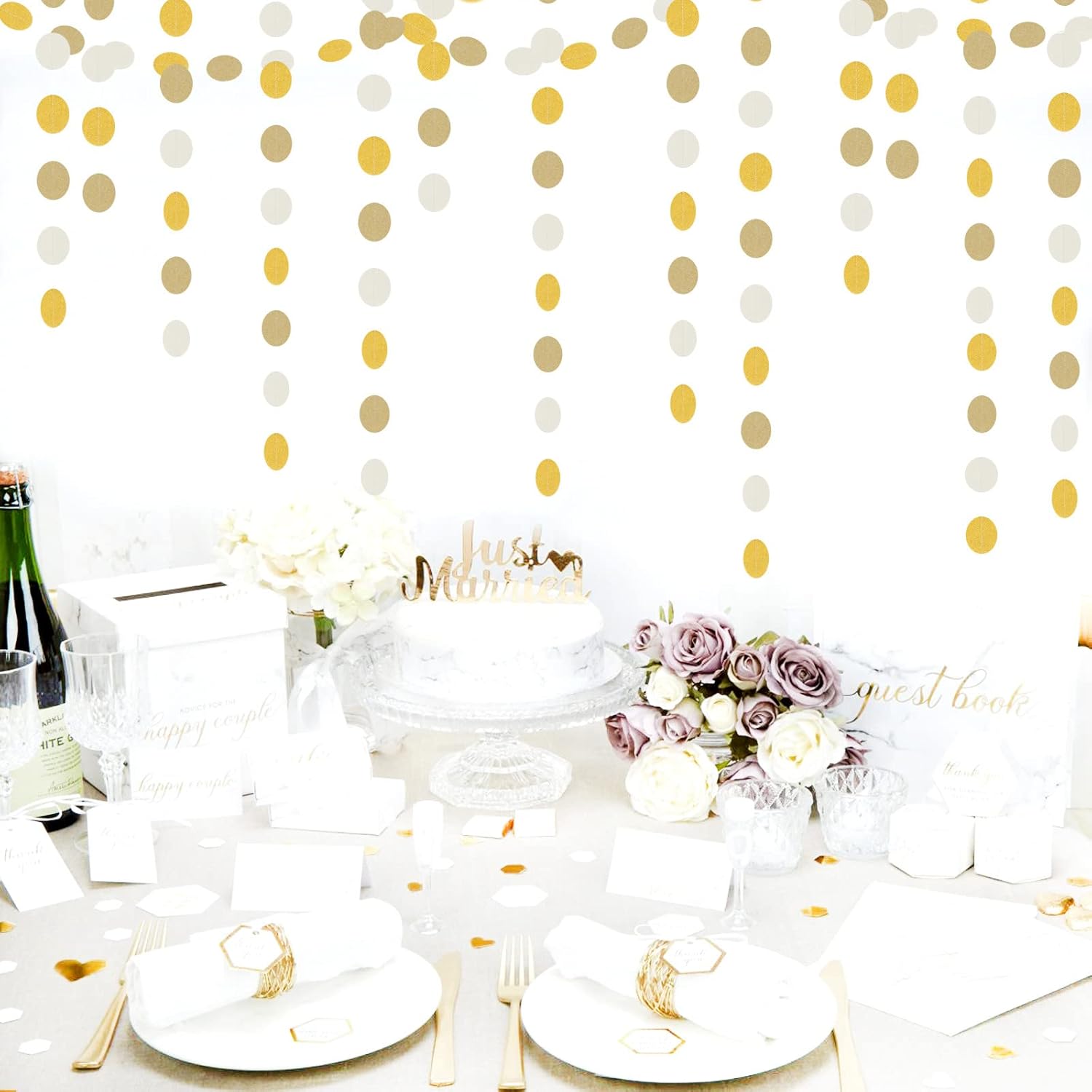 White-Gold Champagne Party-Decorations Streamers Garland - 52Ft Christmas Wedding Engagement Hanging Paper Banner,Bachelorette Neutral Baby Bridal Shower Decor Banners