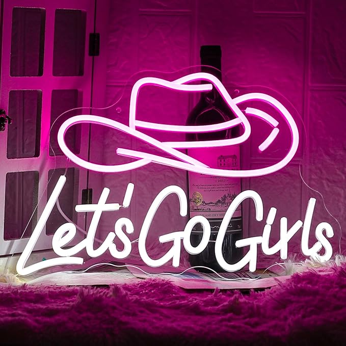 Let’s Go Girls Neon Sign Pink White Cowboy Hat LED Wall Light Dimmable USB Decor for Bedroom Bar