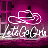 Let’s Go Girls Neon Sign Pink White Cowboy Hat LED Wall Light Dimmable USB Decor for Bedroom Bar
