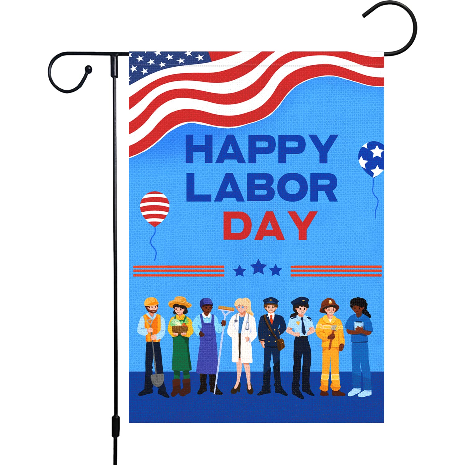 Happy Labor Day Garden Flag 12x18 Double Sided Vertical, Burlap Various Occupations People Small Garden Yard Flags Labor Day Outside Outdoor Decoration (ONLY FLAG)