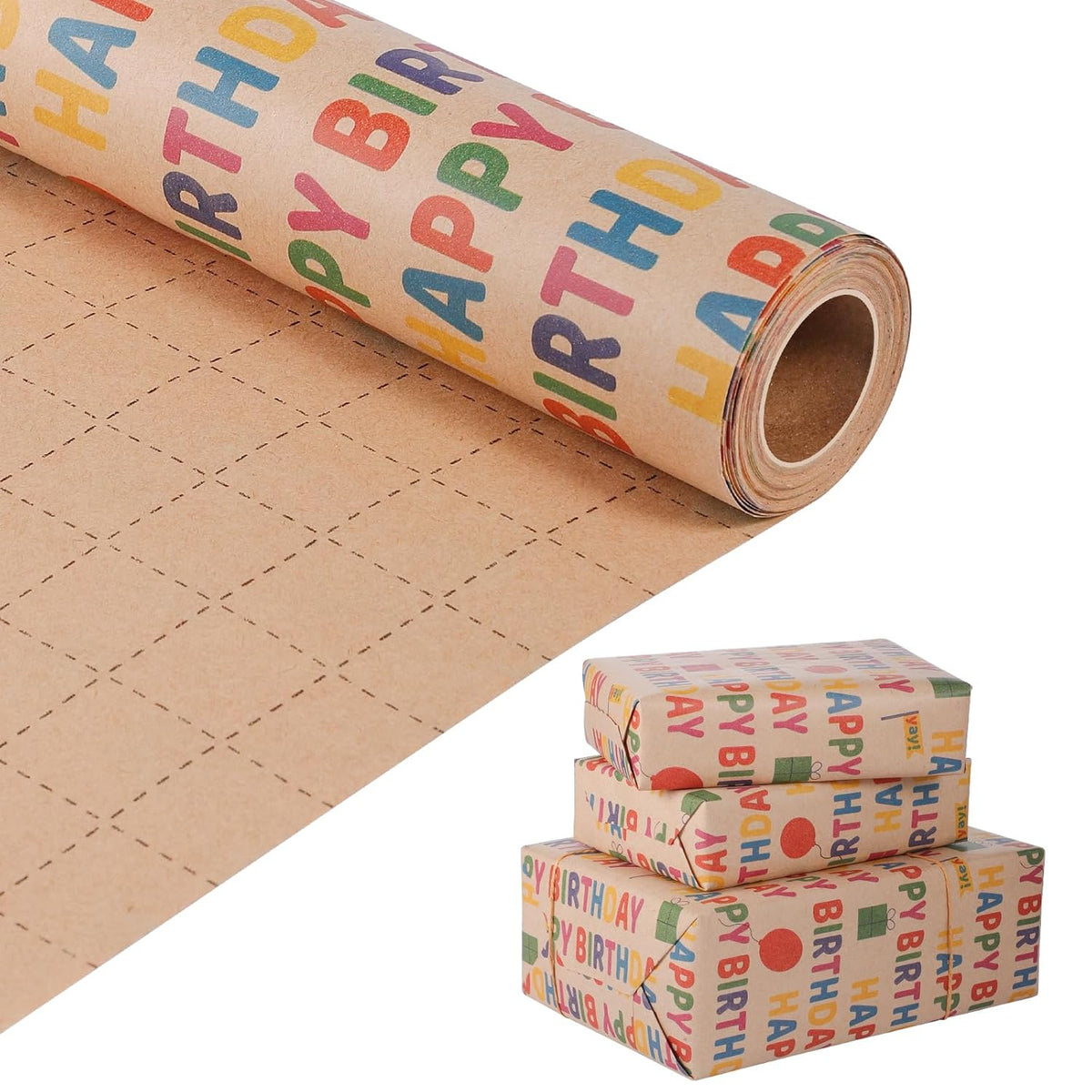 Birthday Wrapping Paper 17 Inch X 33 Feet Kraft Wrapping Paper For Kids Men Women Happy Birthday Pattern Gift Wrap Paper For Baby Shower Party, Holiday