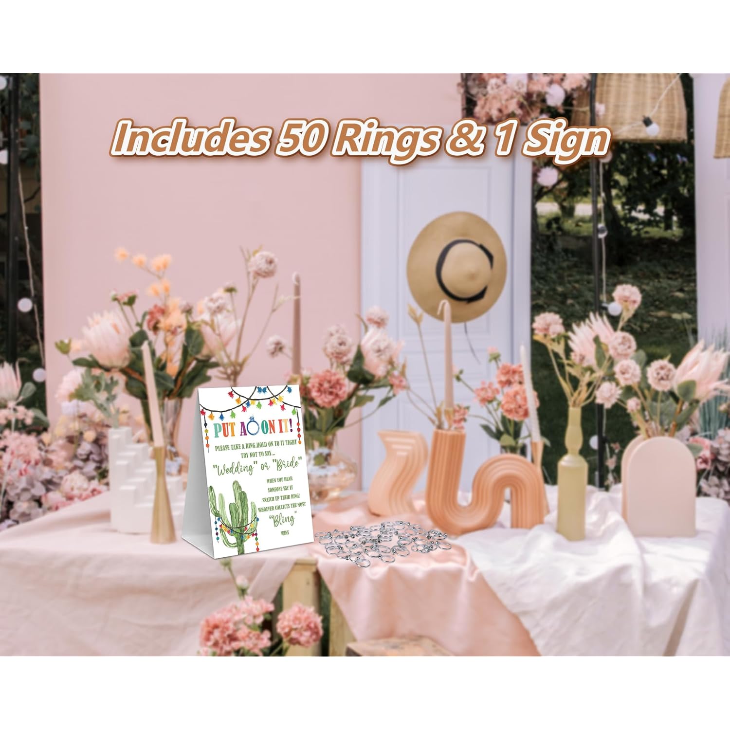 Fiesta Bridal Shower Theme Decorations,Put A Ring On It Game,Don'T Say Bride Games,Bridal Shower Games,Wedding Shower,Engagement Party Games(1 Sign And 50 Plastic Diamond Rings)-6