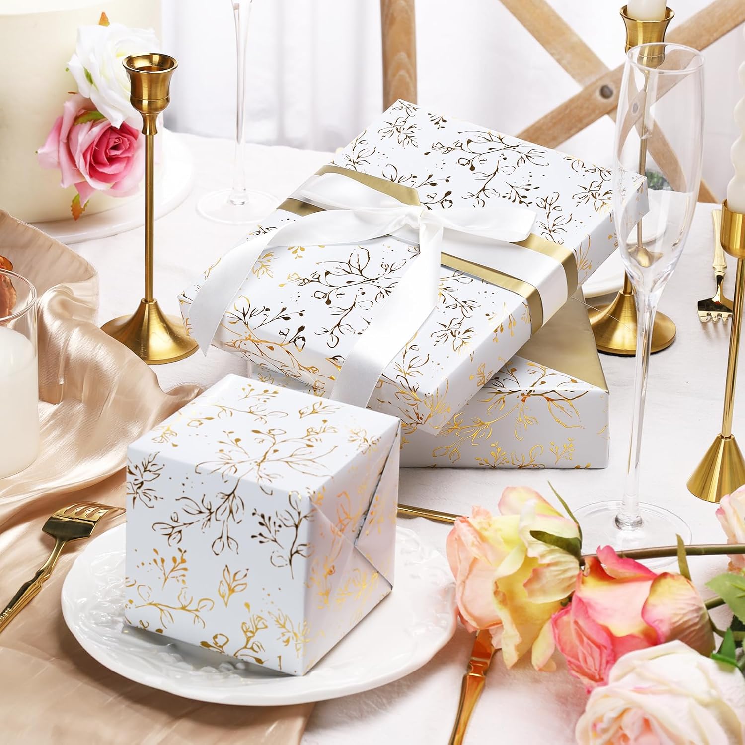 Reversible Wedding Wrapping Paper - Gold And White Botanical Foil Design For Wedding, Valentine'S Day, Bridal Shower, Anniversaries, 17 Inch X 33 Feet Elegant Design For Luxury Gifts