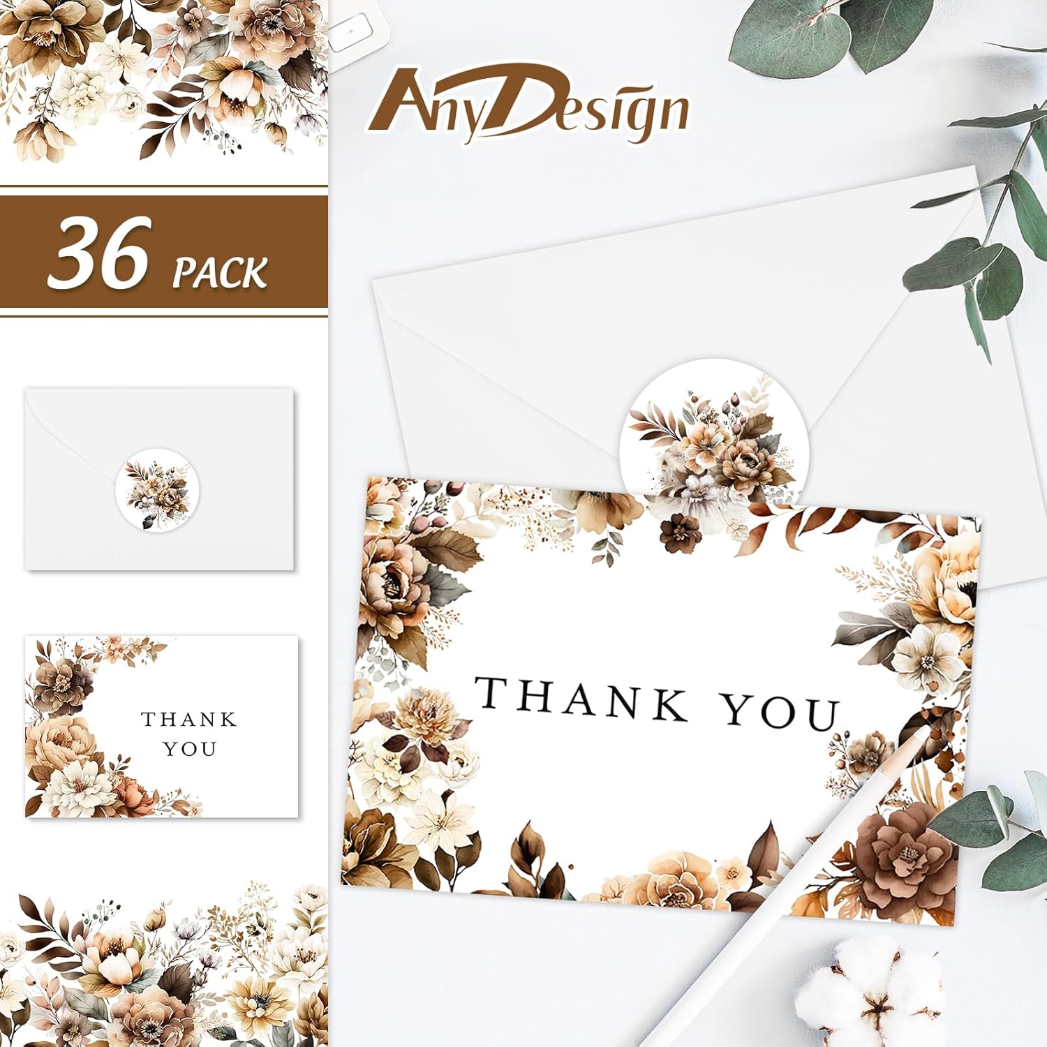 36 Pack Fall Thank You Cards Bulk Vintage Brown Floral Greeting Cards With Envelopes Stickers Retro Flower Leaves Blank Note Cards For Fall Wedding Baby Shower Birthday, 6 Design