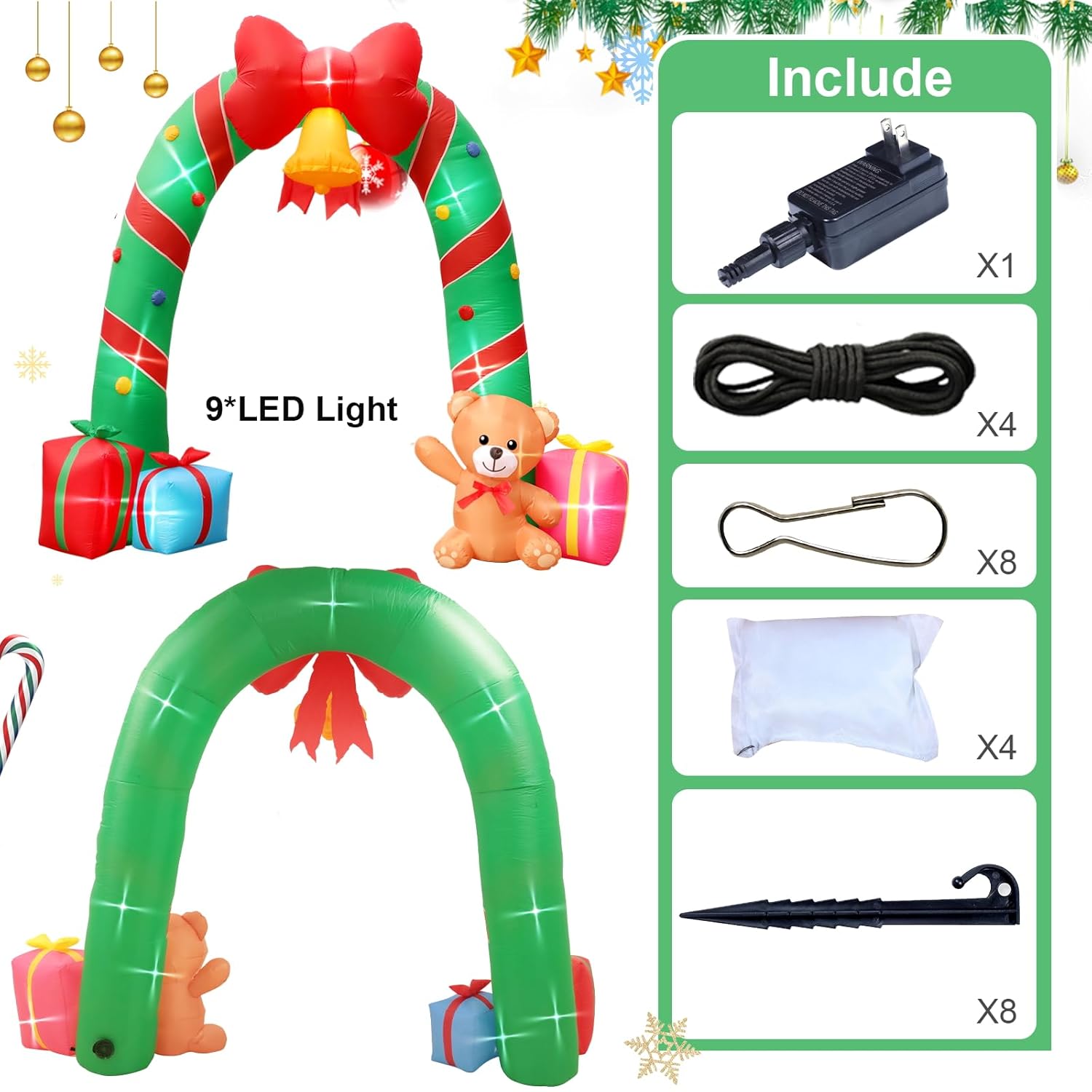 Christmas Candy Cane Archway Inflatables - 10Ft With Bow Bells, Led Lights - Outdoor Decorations For Xmas Garden Lawn