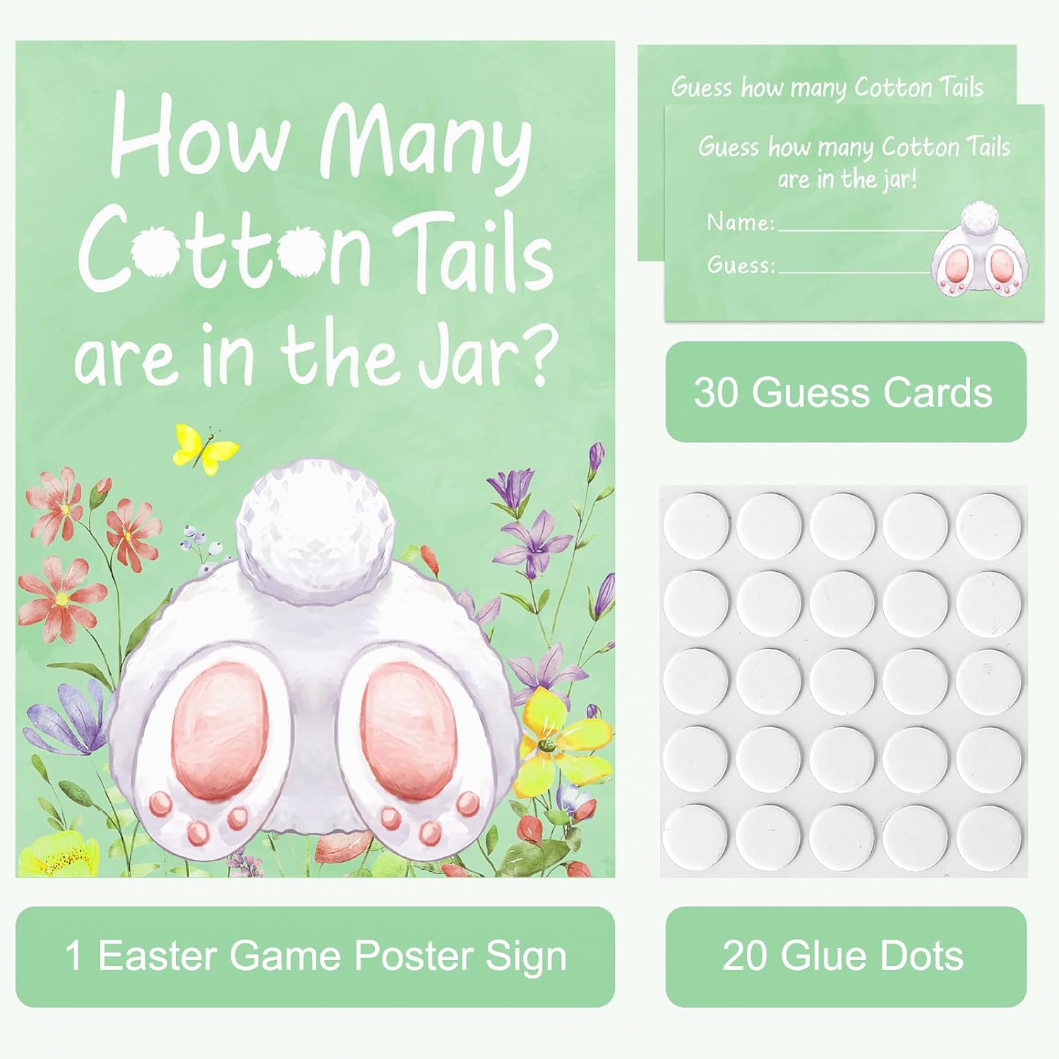 30 Players Easter Games For Adults Family Large Groups, How Many Cotton Tails Are In The Jar Easter Party Game, Spring Games Classroom Bunny Brunch Sign With Cards (Green)